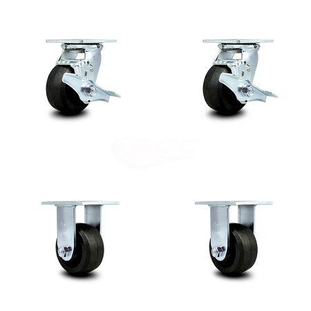 Service Caster 4 Inch Rubber on Steel Caster Set with Roller Bearings 2 Brakes 2 Rigid SCC SCC-30CS420-RSR-TLB-2-R420-2